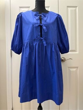 Band of the Free Blue Tie-Front Babydoll Puff Sleeve Dress w/Pockets Sz L EUC